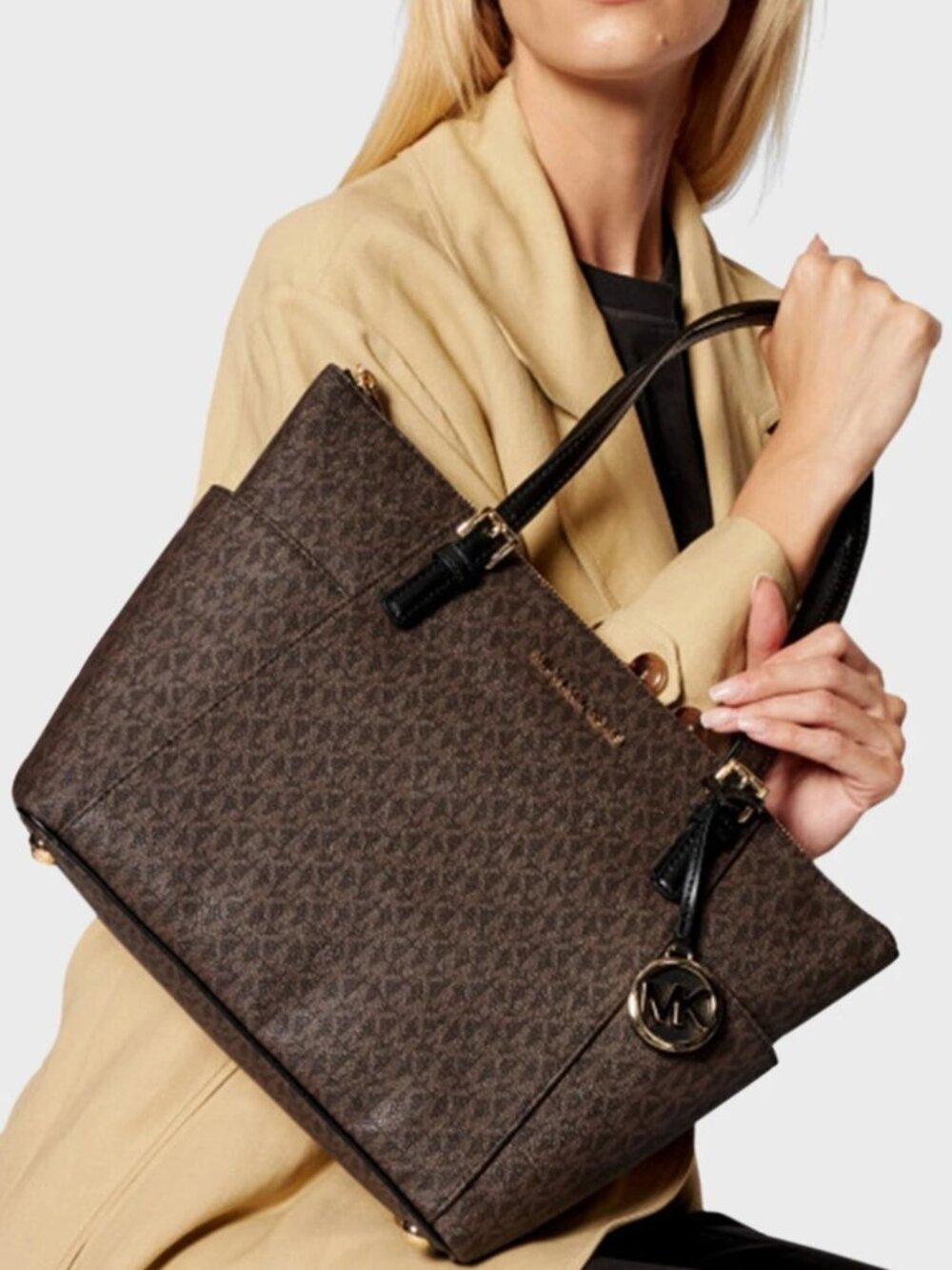 Michael Kors Jet Set Travel Tote Handbag Purse Brown Monogram/Black Leather/Gold